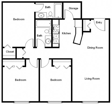 Floor plan for 3 beds, 2 baths, 1152 sqft